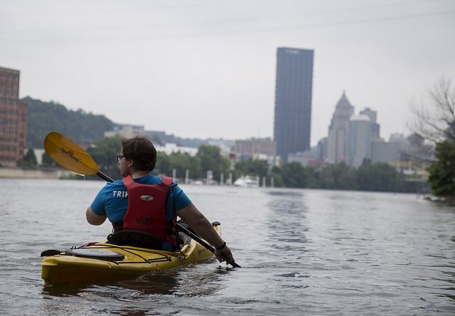 Bryan kayaking along the Pittsburgh waterways
